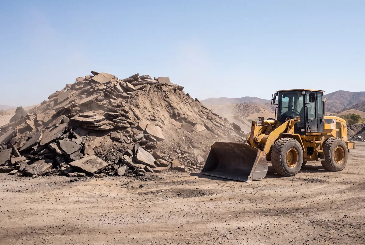 Pile of torn-out asphalt next to a wheel loader at a San Diego recycling yard
