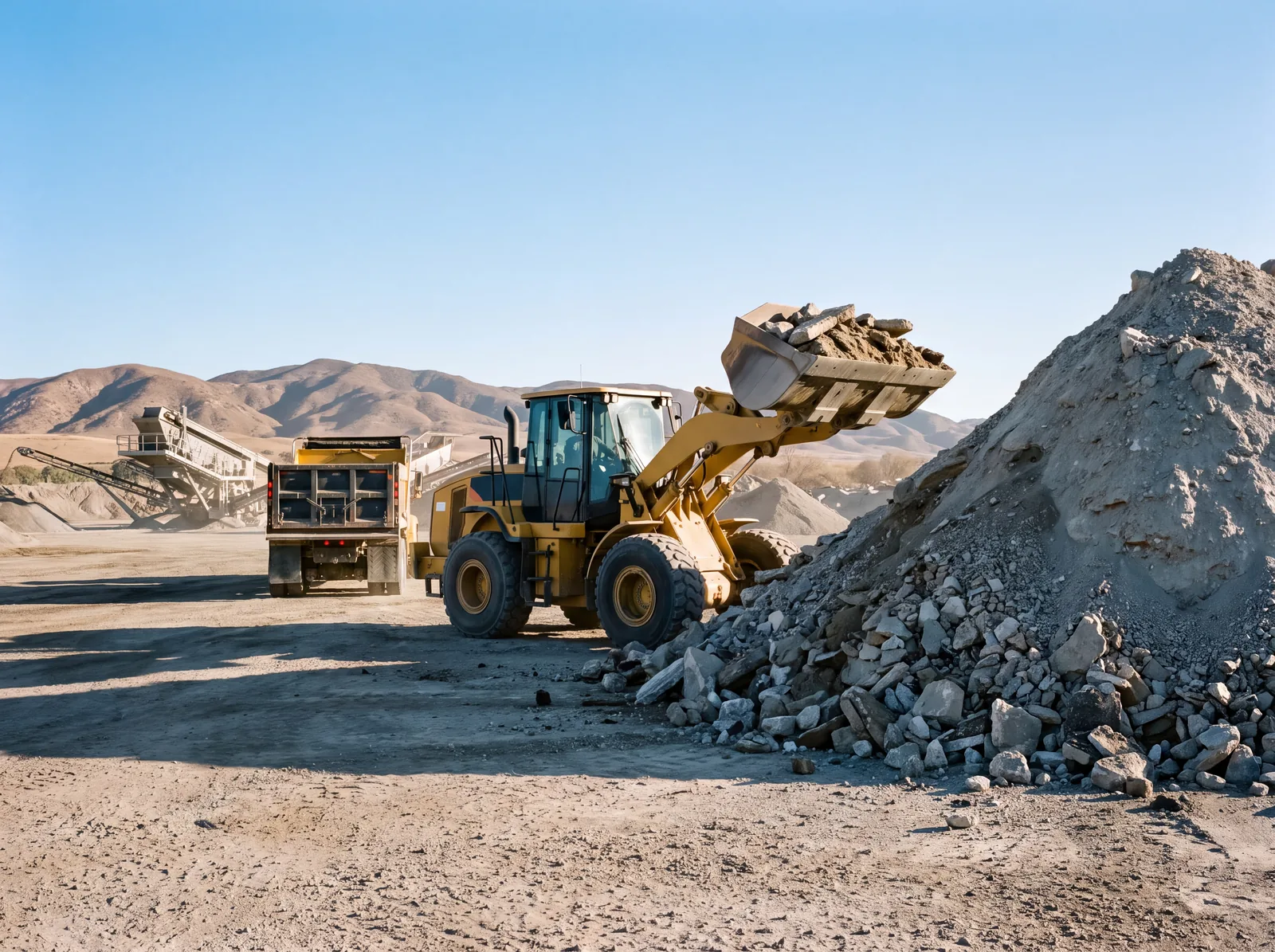 Wheel loader moving broken concrete at a San Diego asphalt and concrete recycling yard