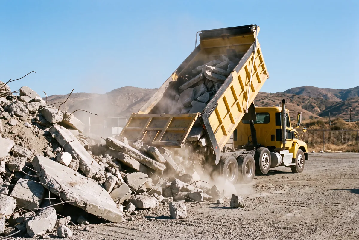 Dump truck unloading broken concrete slabs at the VP Recycling Materials yard in Chula Vista