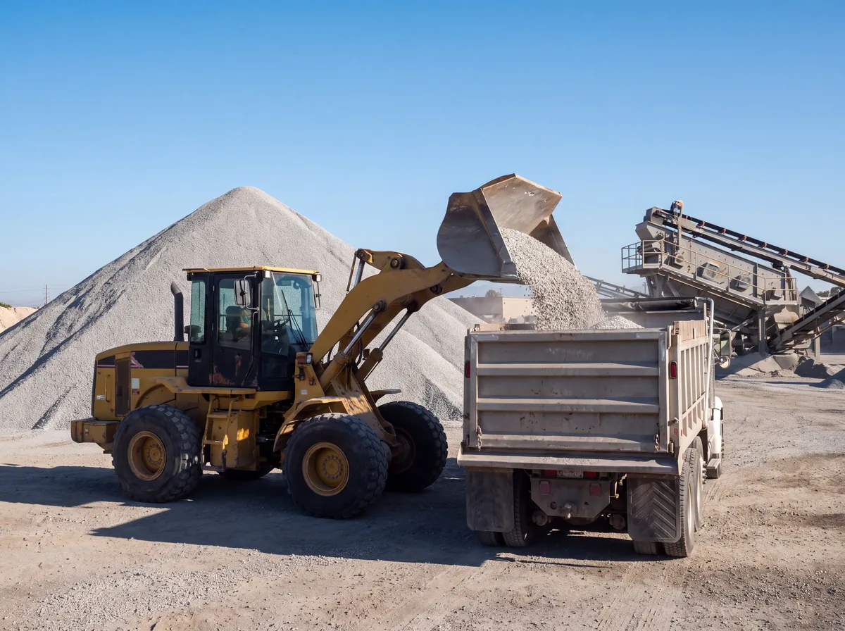 Wheel loader filling a dump truck with recycled base material at VP Recycling Materials in Chula Vista